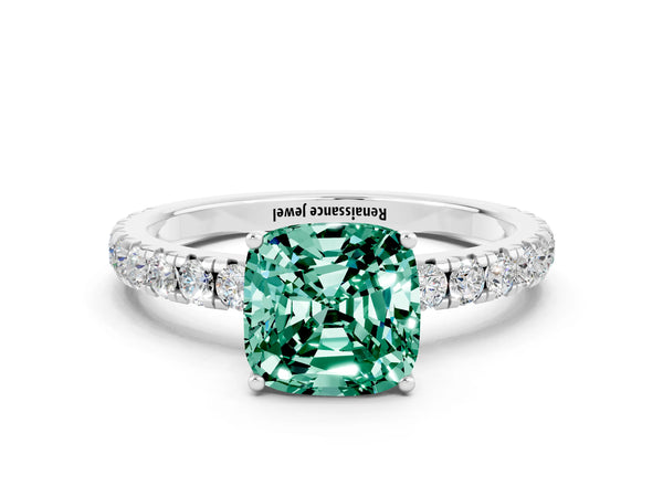 Platinum Cushion Cut Green Sapphire Pavé Solitaire Engagement Ring with Four-Prong Setting