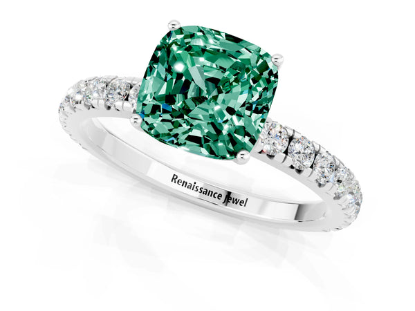 Platinum Cushion Cut Green Sapphire Pavé Solitaire Engagement Ring with Four-Prong Setting