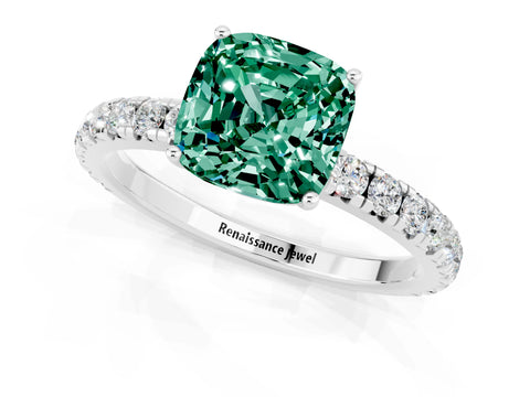 White gold Cushion Cut Green Sapphire Pavé Solitaire Engagement Ring with Four-Prong Setting_13