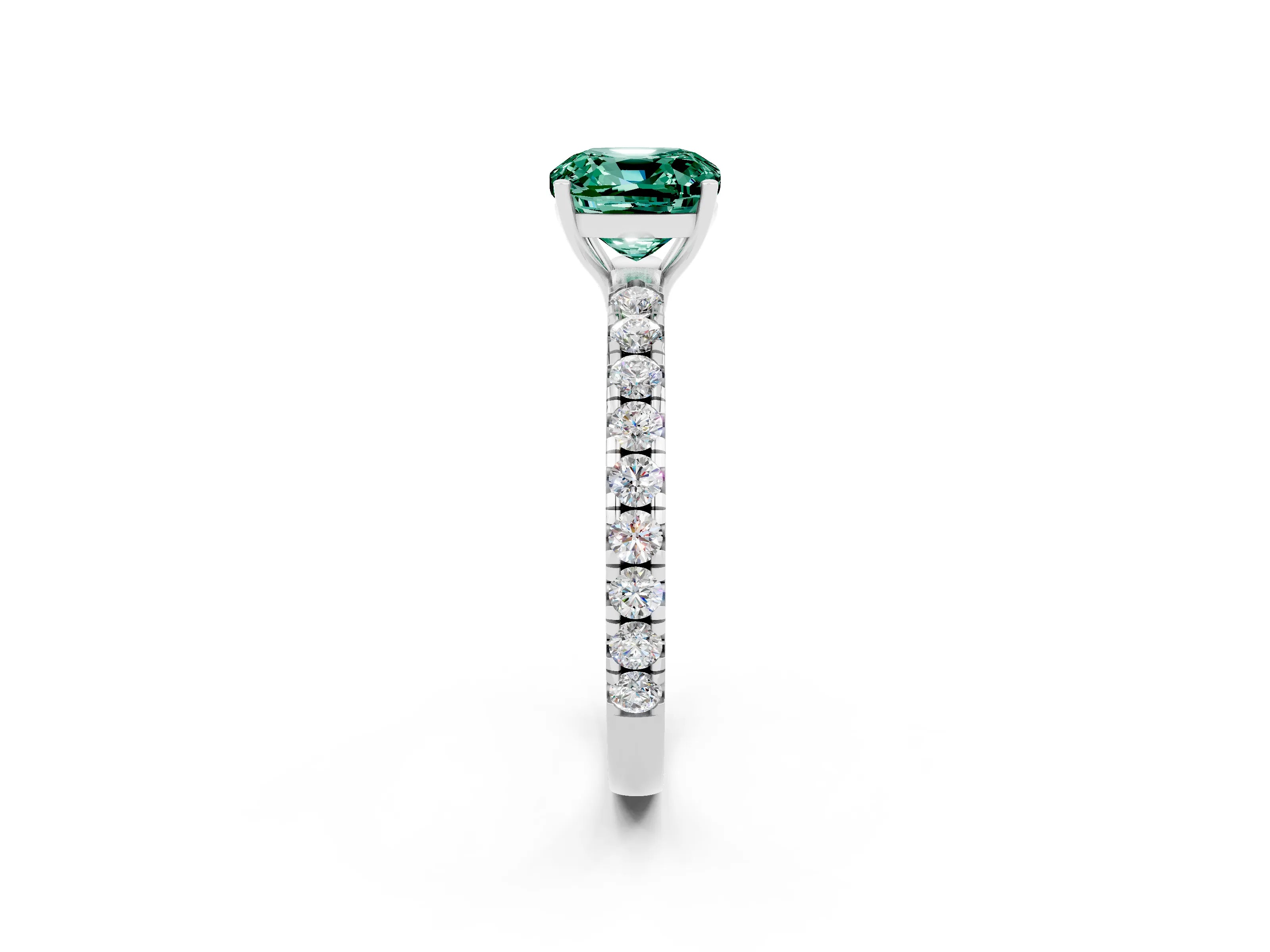 White gold Cushion Cut Green Sapphire Pavé Solitaire Engagement Ring with Four-Prong Setting_14