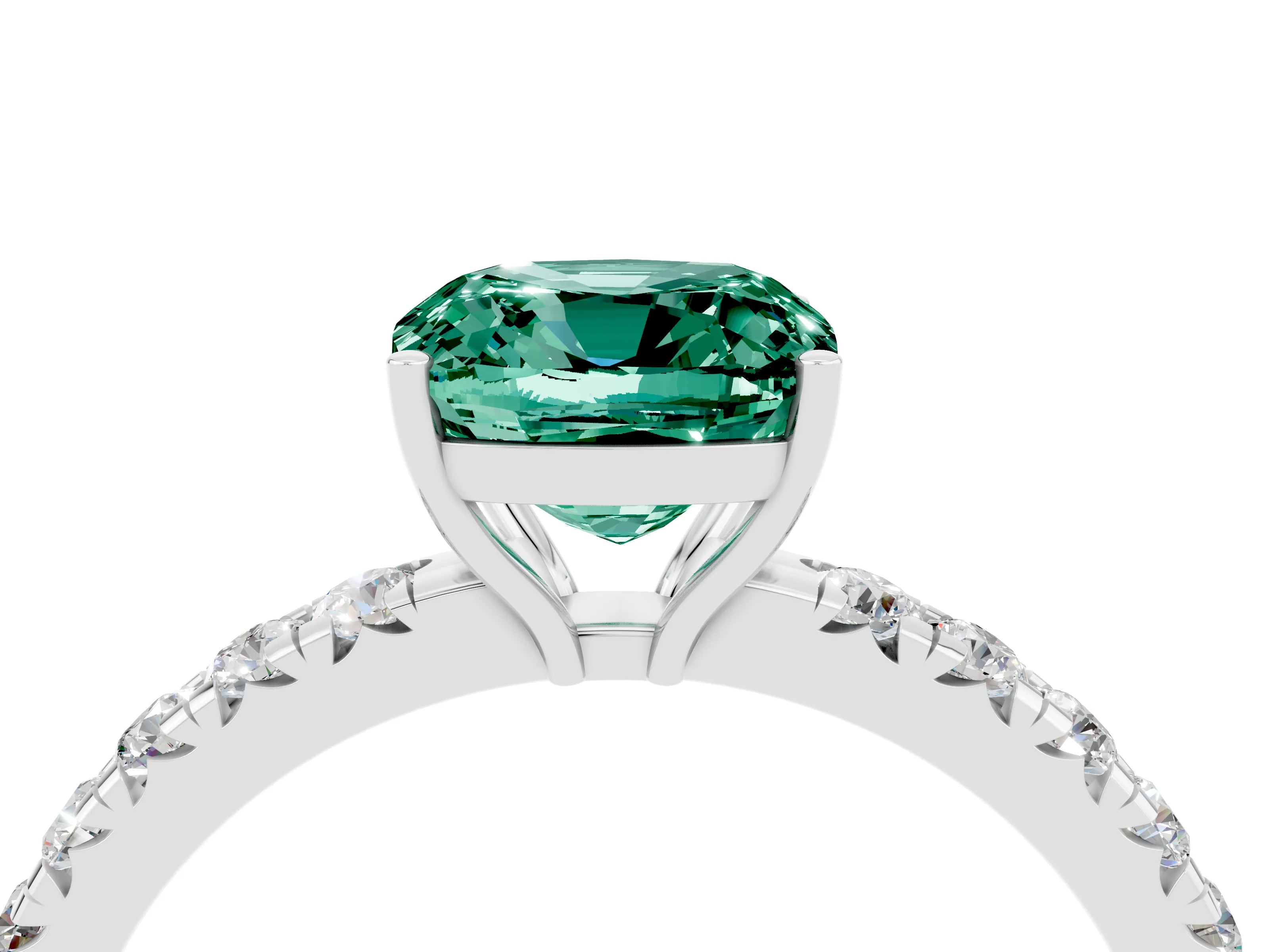 White gold Cushion Cut Green Sapphire Pavé Solitaire Engagement Ring with Four-Prong Setting_16