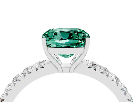 White gold Cushion Cut Green Sapphire Pavé Solitaire Engagement Ring with Four-Prong Setting_16