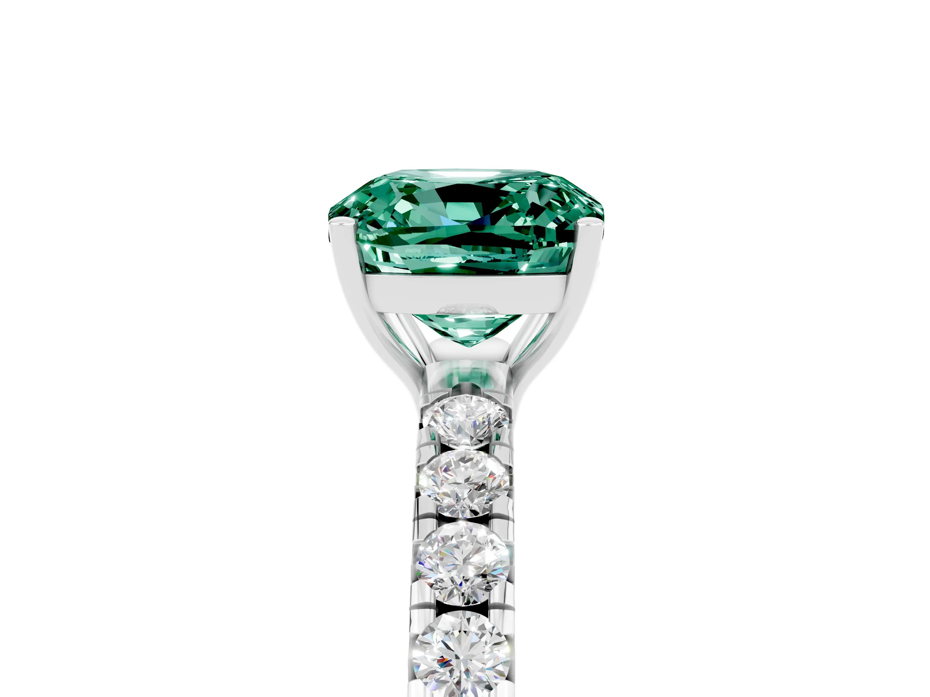 White gold Cushion Cut Green Sapphire Pavé Solitaire Engagement Ring with Four-Prong Setting_17