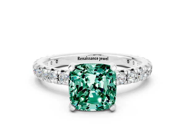 White gold Cushion Cut Green Sapphire Pavé Solitaire Ring with Round Band and Prong Setting