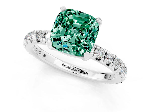 Platinum Cushion Cut Green Sapphire Pavé Solitaire Ring with Round Band and Prong Setting