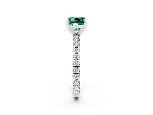 Silver Cushion Cut Green Sapphire Pavé Solitaire Ring with Round Band and Prong Setting
