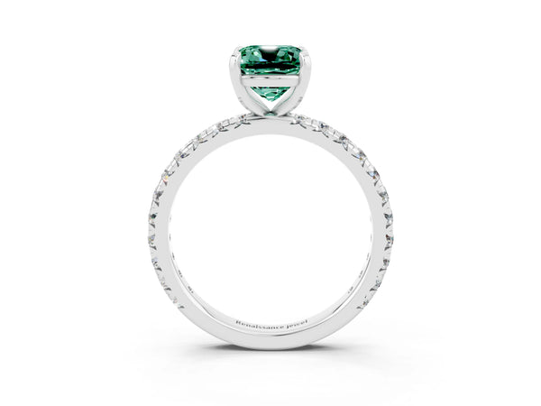 Platinum Cushion Cut Green Sapphire Pavé Solitaire Ring with Round Band and Prong Setting