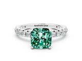 White gold Cushion Cut Green Sapphire Pavé Solitaire Ring with Round Band and Prong Setting_36