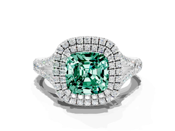 Platinum Cushion Cut Green Sapphire Pavé Split Shank Double Halo Engagement Ring