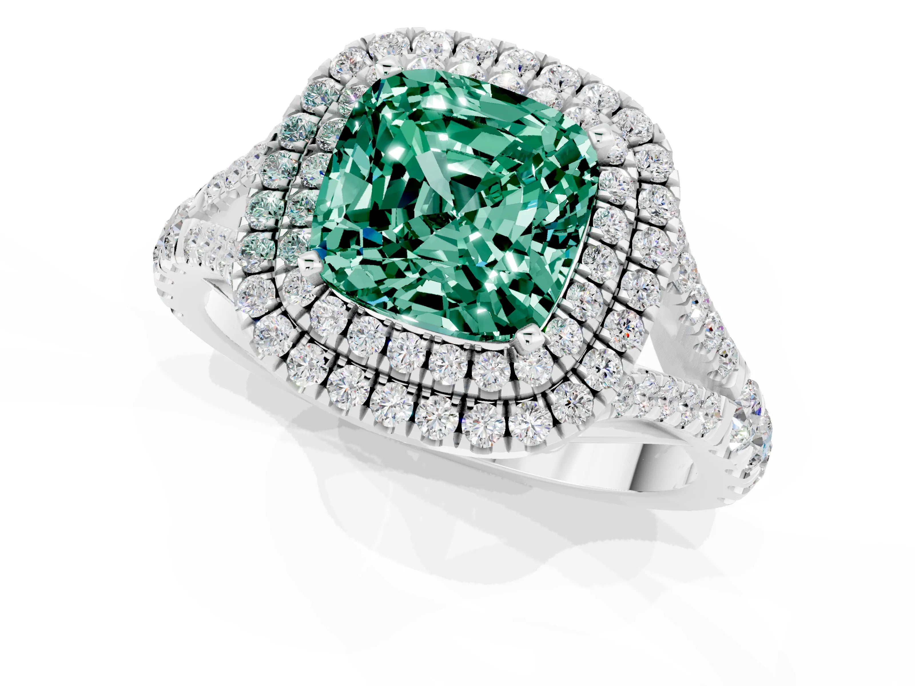 White gold Cushion Cut Green Sapphire Pavé Split Shank Double Halo Engagement Ring_1