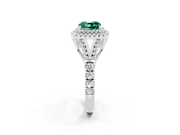 White gold Cushion Cut Green Sapphire Pavé Split Shank Double Halo Engagement Ring