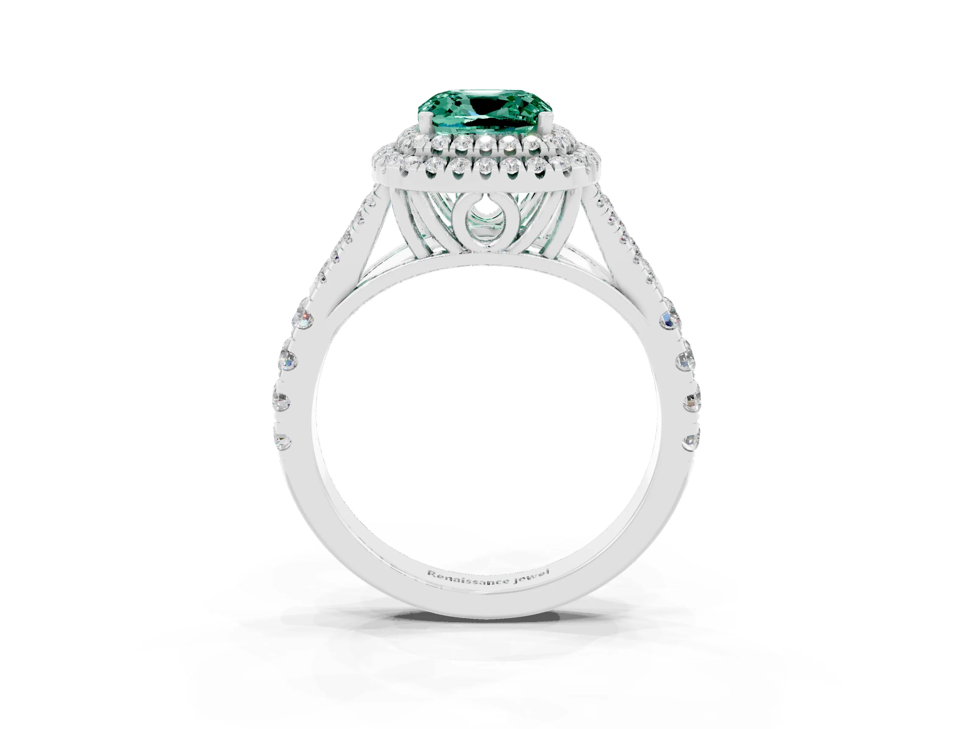 White gold Cushion Cut Green Sapphire Pavé Split Shank Double Halo Engagement Ring_3