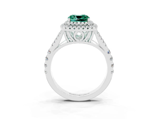 White gold Cushion Cut Green Sapphire Pavé Split Shank Double Halo Engagement Ring