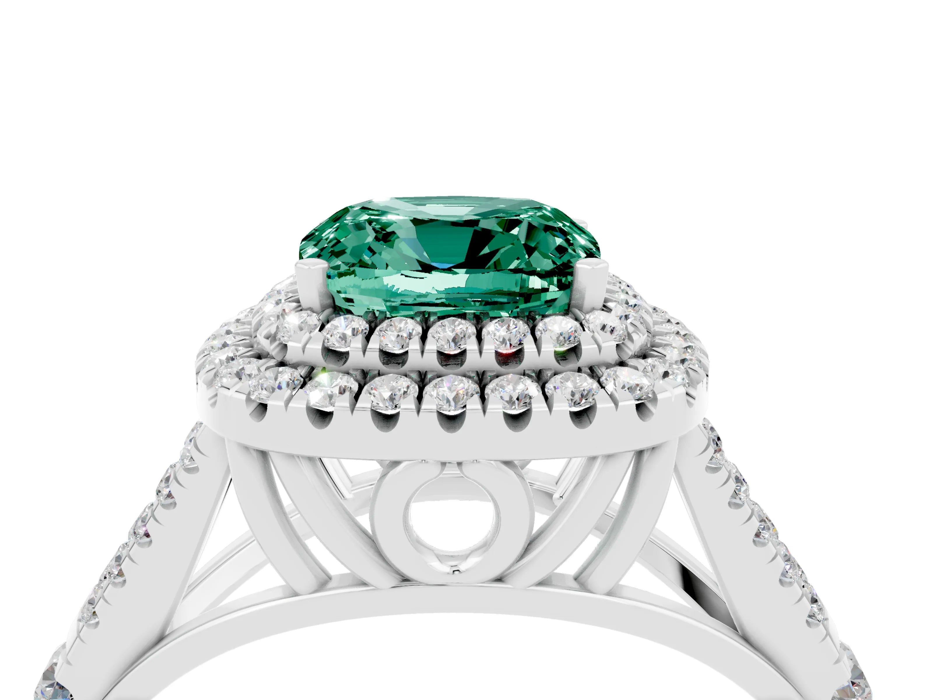White gold Cushion Cut Green Sapphire Pavé Split Shank Double Halo Engagement Ring_4