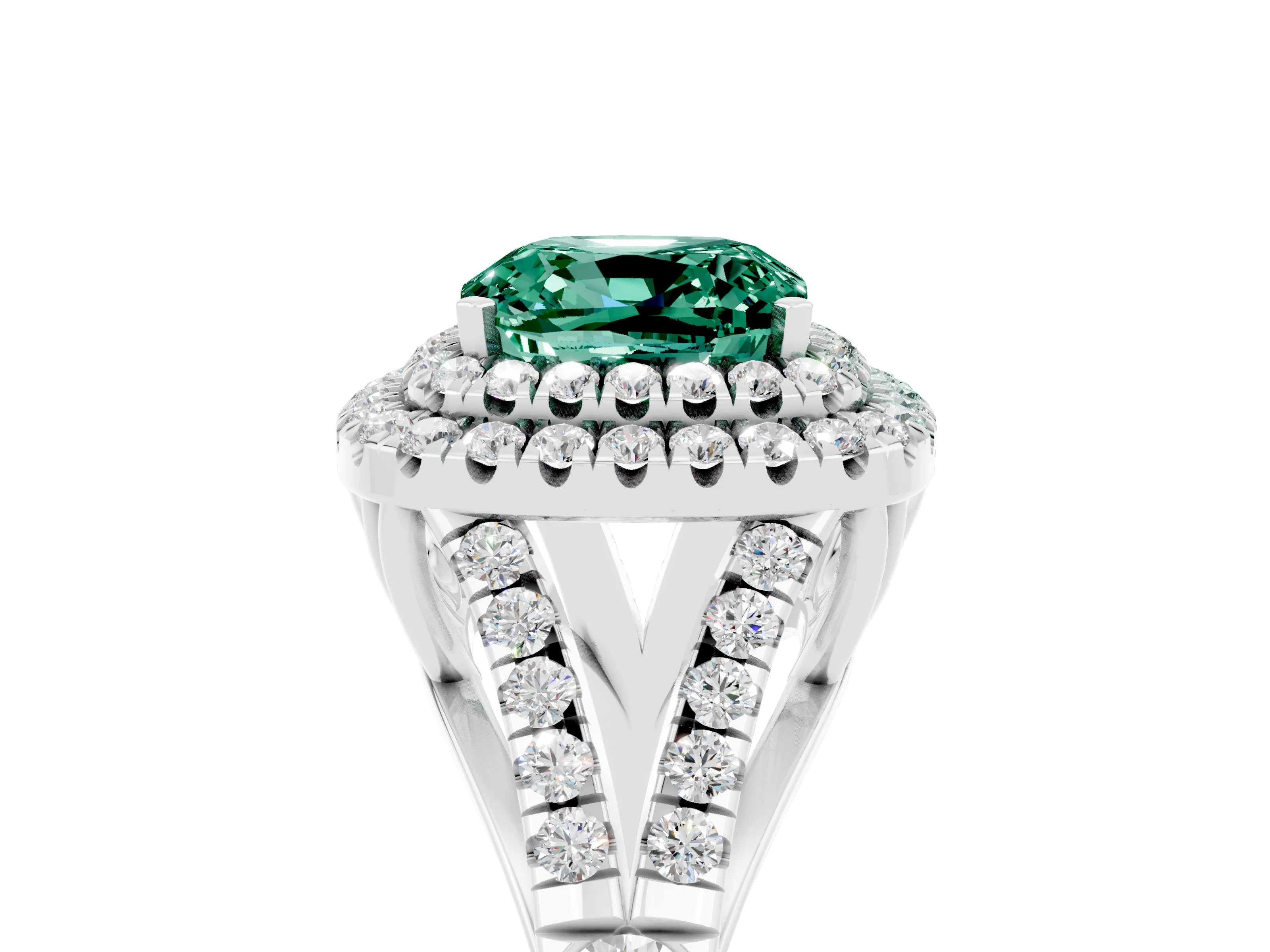 White gold Cushion Cut Green Sapphire Pavé Split Shank Double Halo Engagement Ring_5