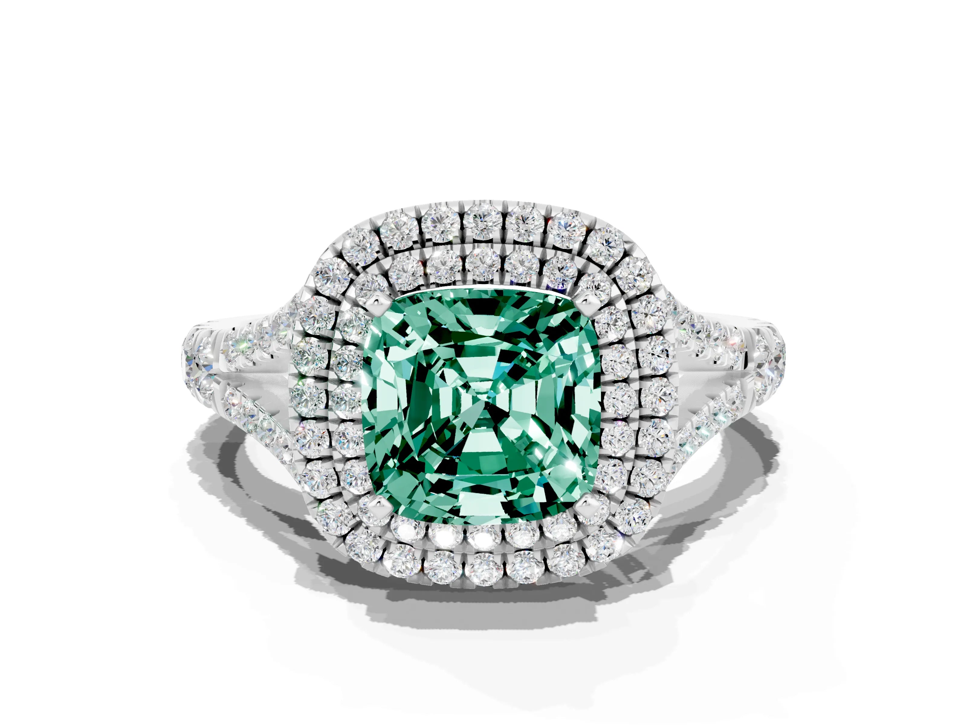 White gold Cushion Cut Green Sapphire Pavé Split Shank Double Halo Engagement Ring