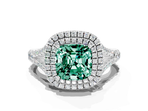 White gold Cushion Cut Green Sapphire Pavé Split Shank Double Halo Engagement Ring