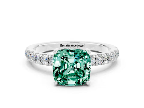 White gold Cushion Cut Green Sapphire Pave Band Solitaire Ring with Four-Prong Setting_12