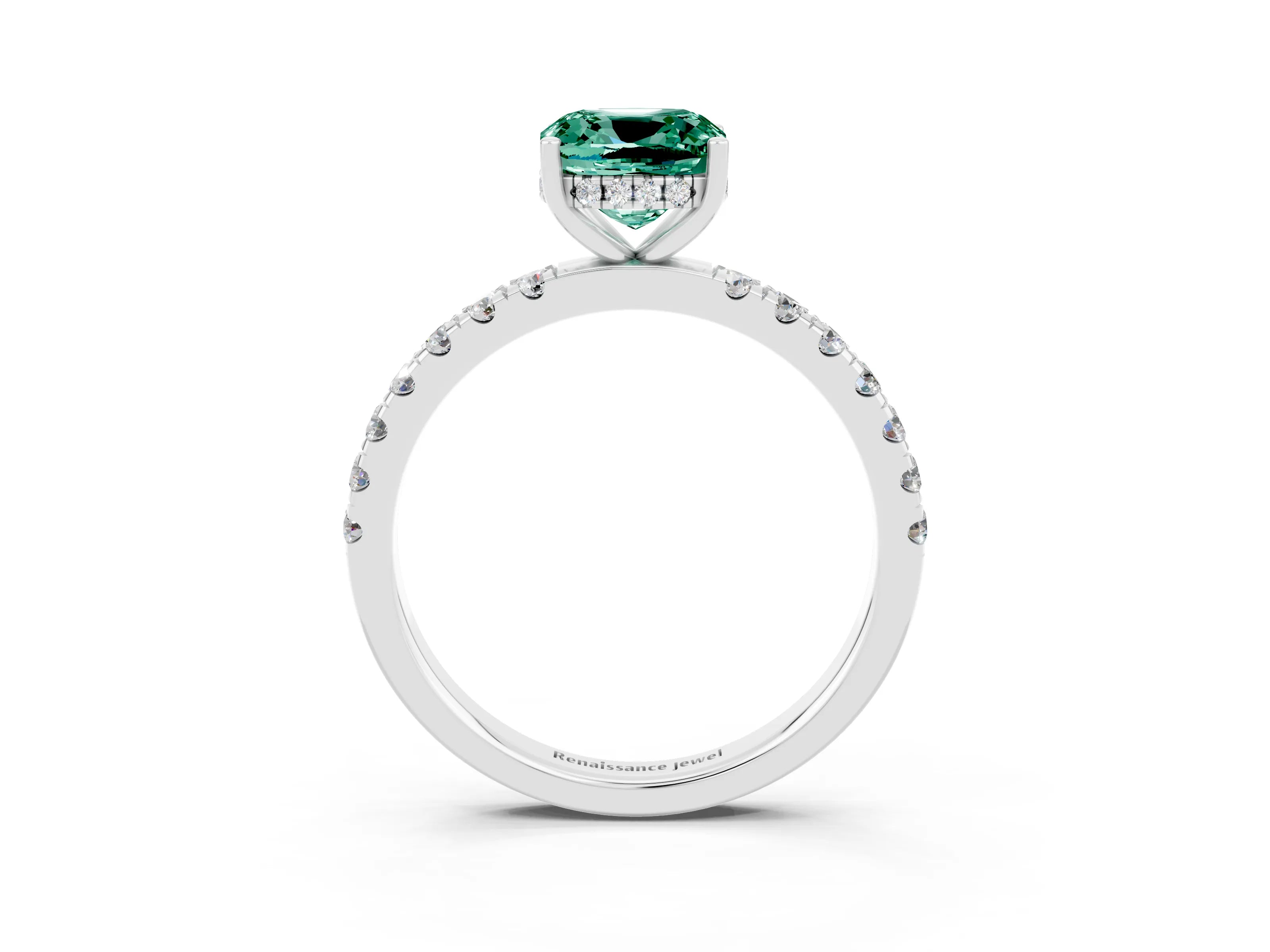 White gold Cushion Cut Green Sapphire Pave Band Solitaire Ring with Four-Prong Setting_15