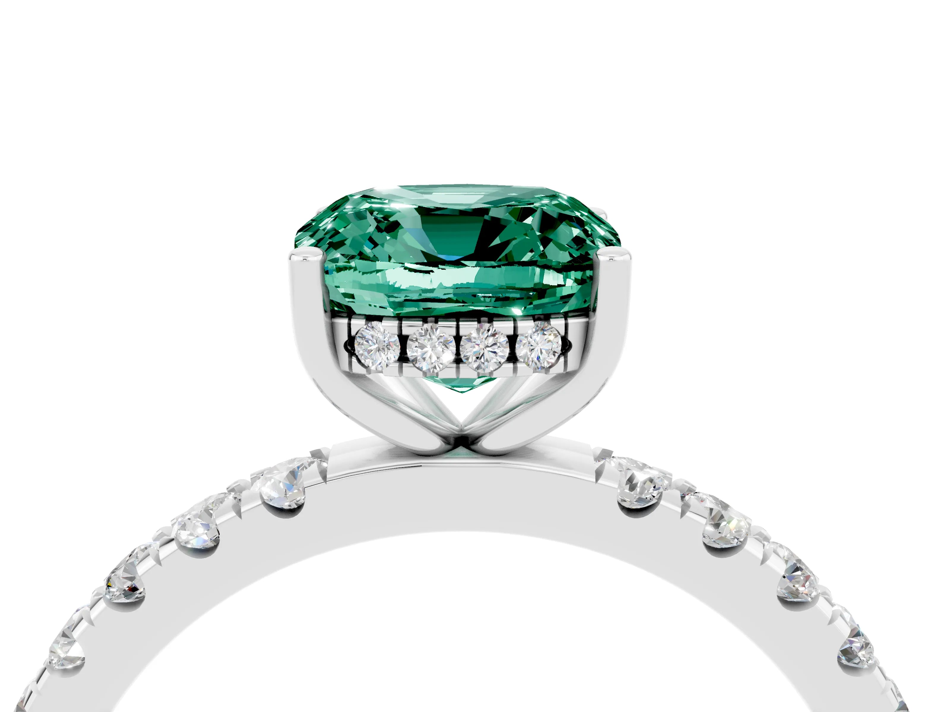 White gold Cushion Cut Green Sapphire Pave Band Solitaire Ring with Four-Prong Setting_16