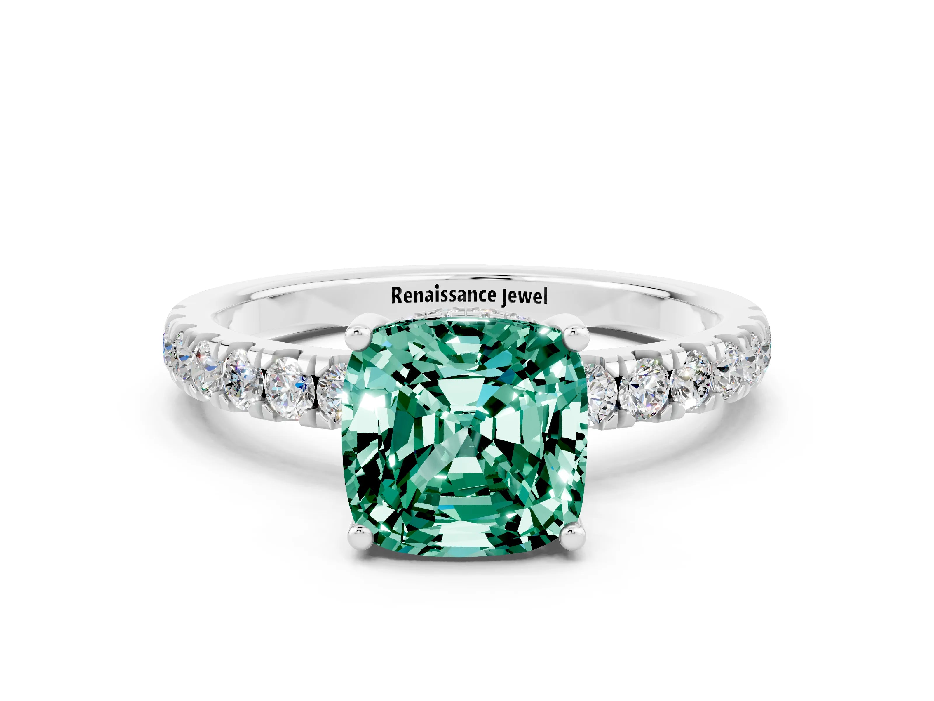 White gold Cushion Cut Green Sapphire Pave Band Solitaire Ring with Four-Prong Setting_24
