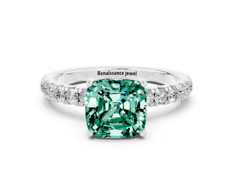 White gold Cushion Cut Green Sapphire Pave Band Solitaire Ring with Four-Prong Setting_24