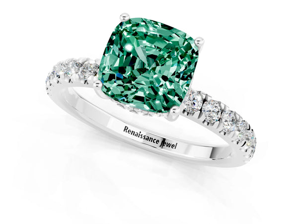 Silver Cushion Cut Green Sapphire Pave Band Solitaire Ring with Round  and Prong Setting