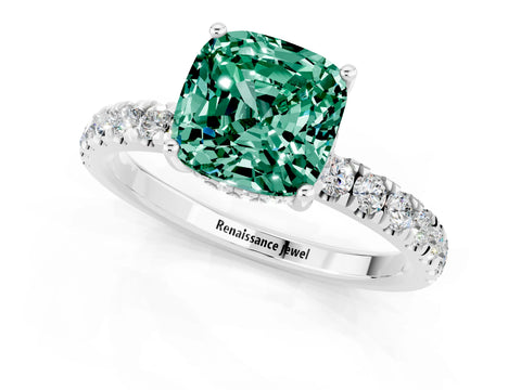 White gold Cushion Cut Green Sapphire Pave Band Solitaire Ring with Four-Prong Setting_25