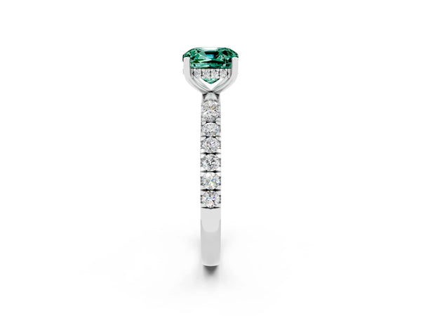 White gold Cushion Cut Green Sapphire Pave Band Solitaire Ring with Round  and Prong Setting