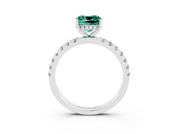 Platinum Cushion Cut Green Sapphire Pave Band Solitaire Ring with Round  and Prong Setting
