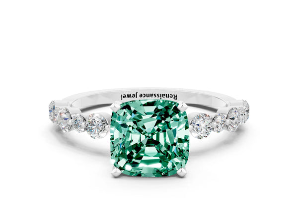 Platinum Cushion Cut Green Sapphire Prong Set Engagement Ring with Pavé Band