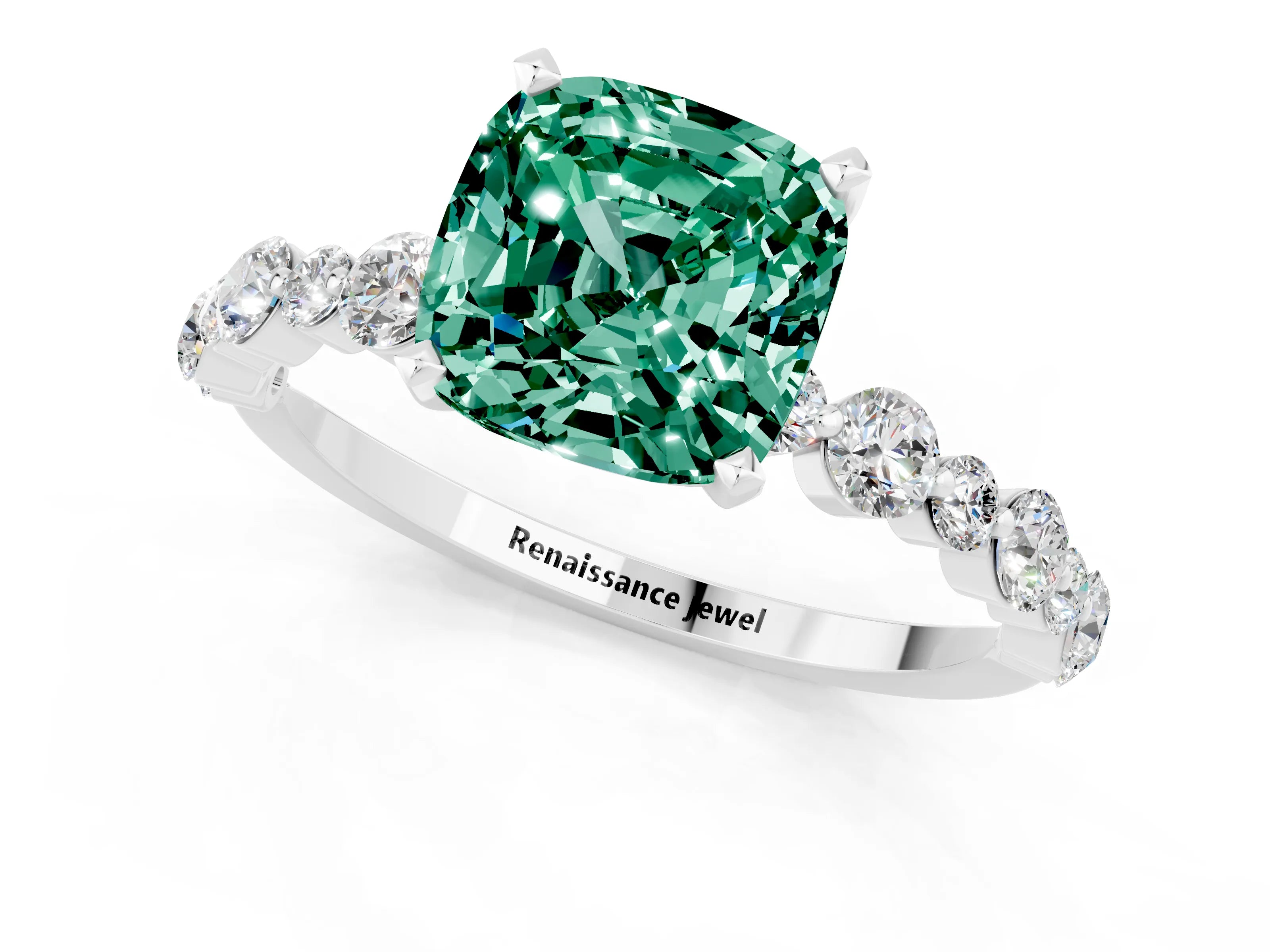 White gold Cushion Cut Green Sapphire Prong Set Engagement Ring with Pavé Band_1