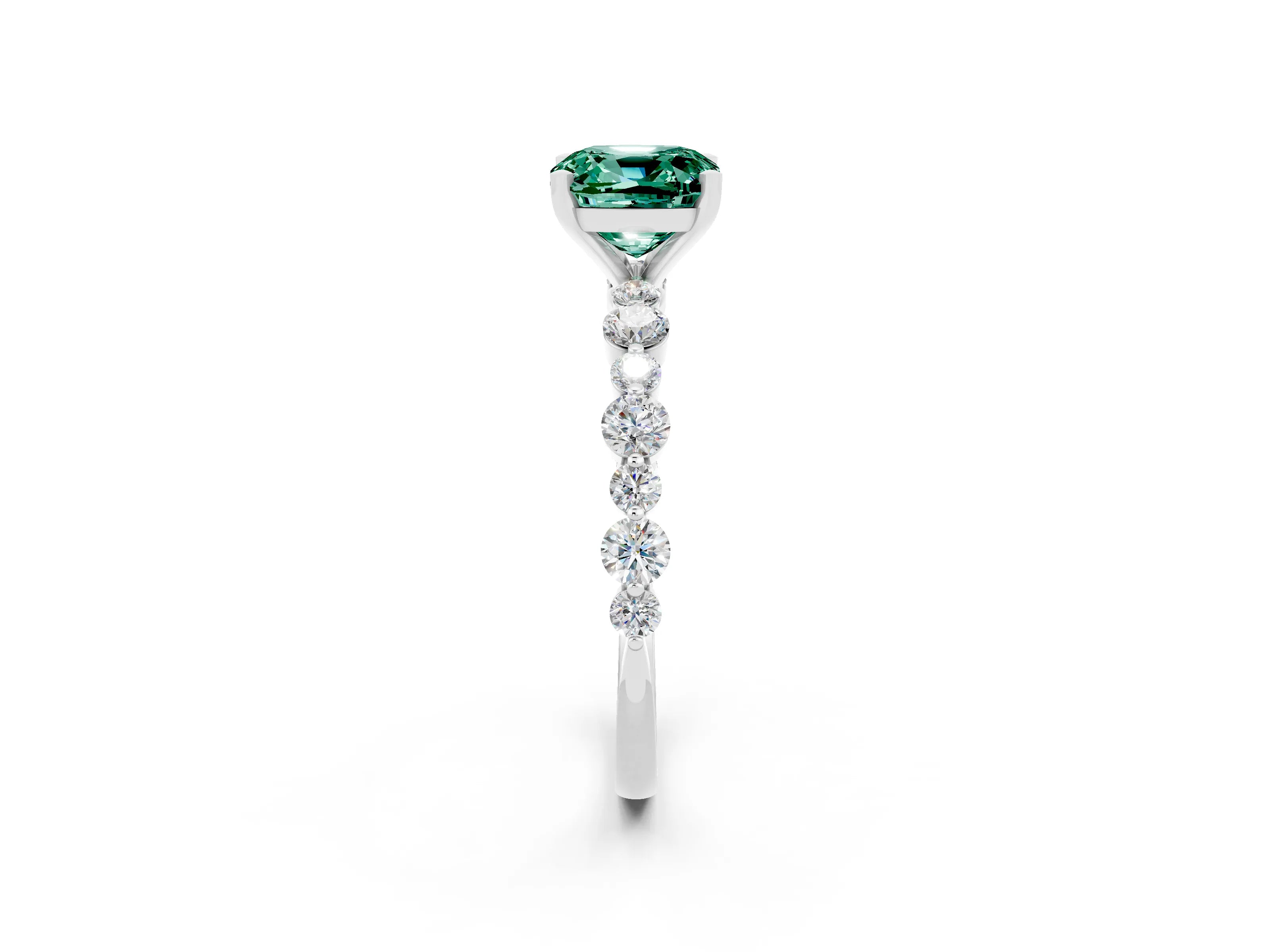 White gold Cushion Cut Green Sapphire Prong Set Engagement Ring with Pavé Band_2