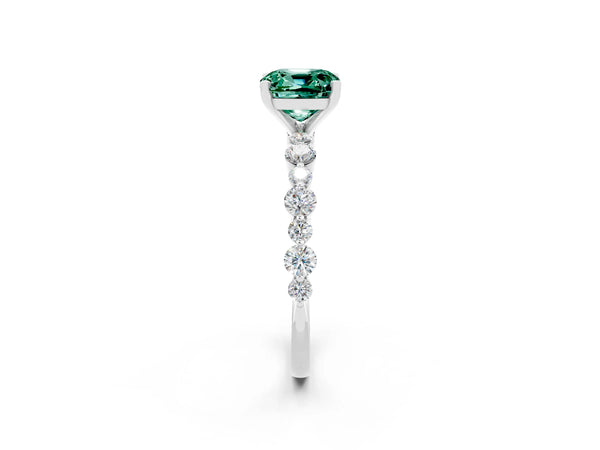 White gold Cushion Cut Green Sapphire Prong Set Engagement Ring with Pavé Band