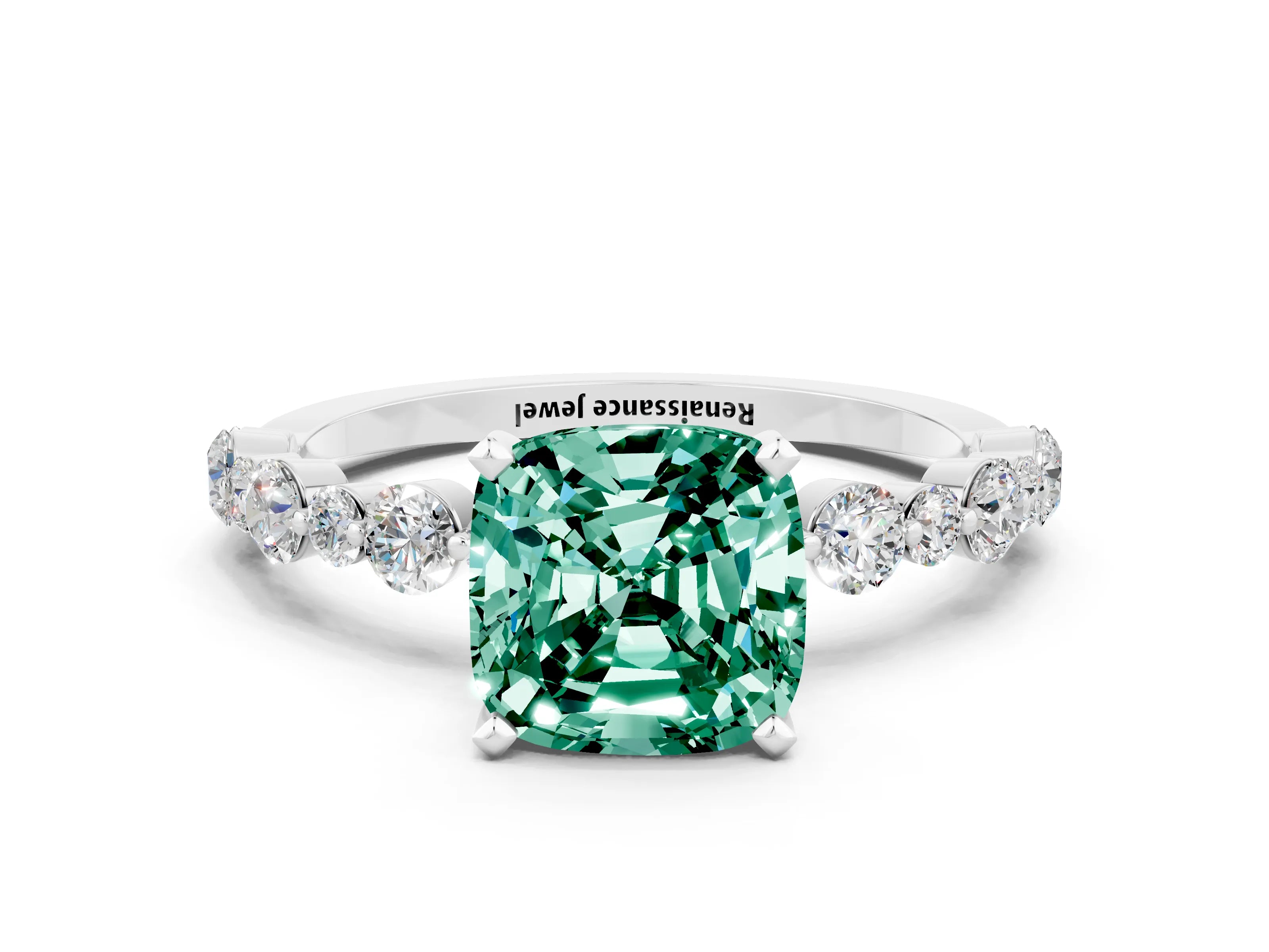 White gold Cushion Cut Green Sapphire Prong Set Engagement Ring with Pavé Band