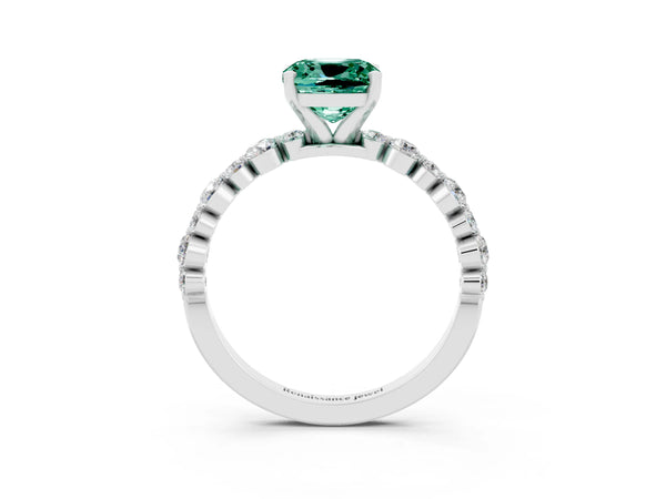 Platinum Cushion Cut Green Sapphire Prong Set Engagement Ring with Pavé Band