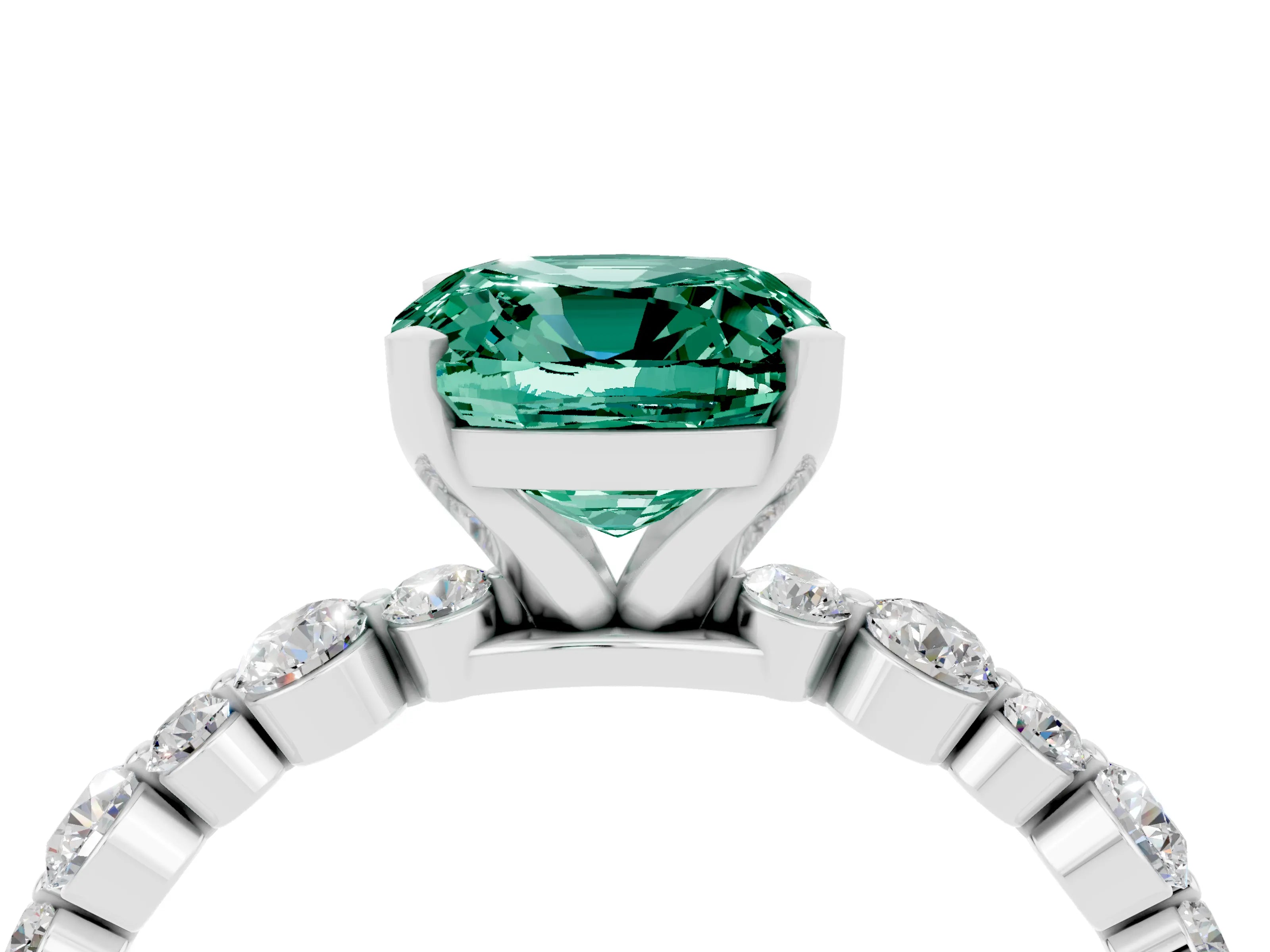 White gold Cushion Cut Green Sapphire Prong Set Engagement Ring with Pavé Band_4