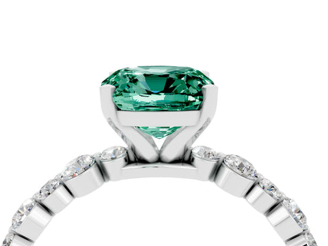 White gold Cushion Cut Green Sapphire Prong Set Engagement Ring with Pavé Band_4