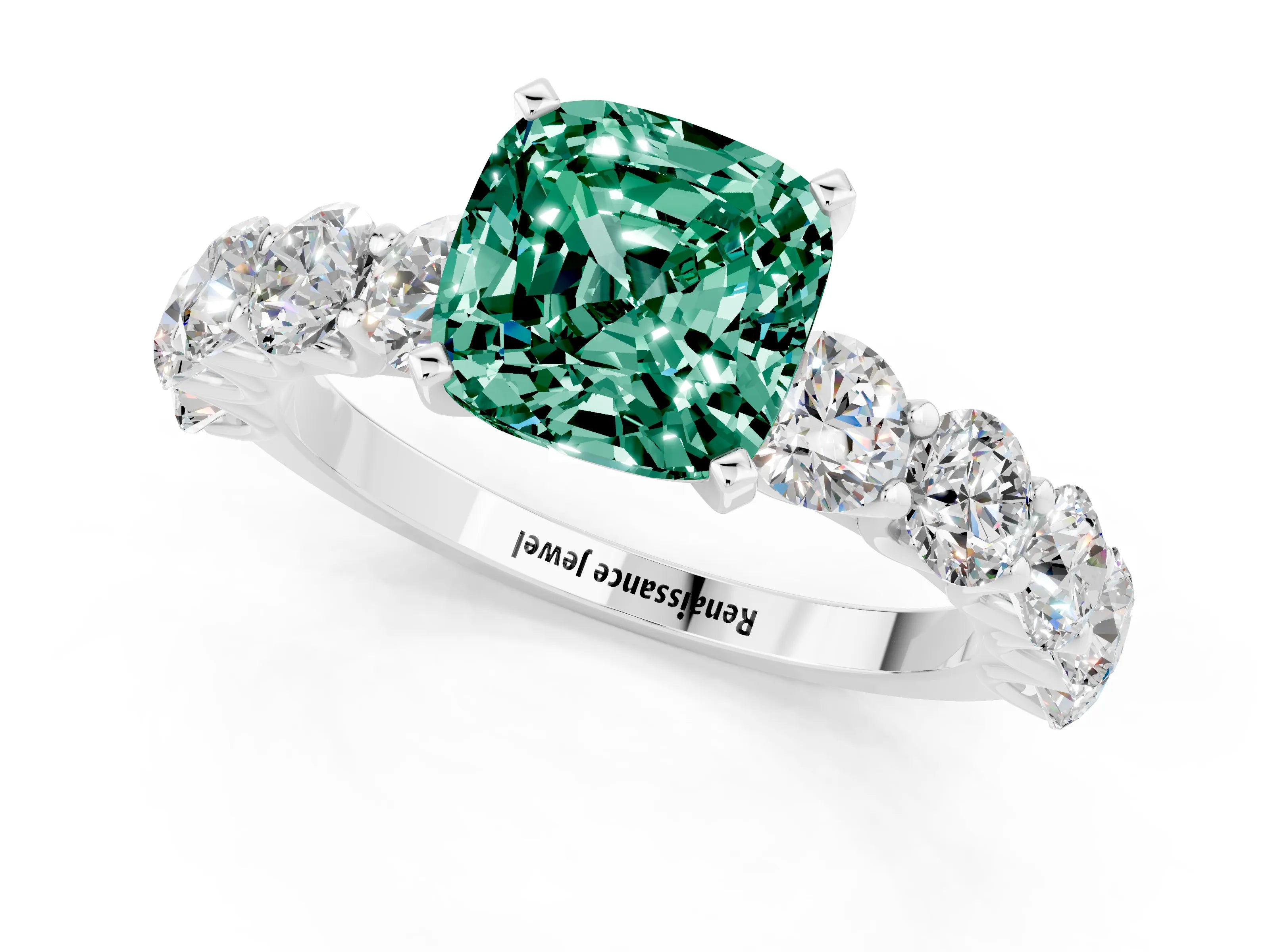 White gold Cushion Cut Green Sapphire Prong Setting with Side Stones on a Pave Band_1