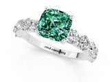 White gold Cushion Cut Green Sapphire Prong Setting with Side Stones on a Pave Band_1