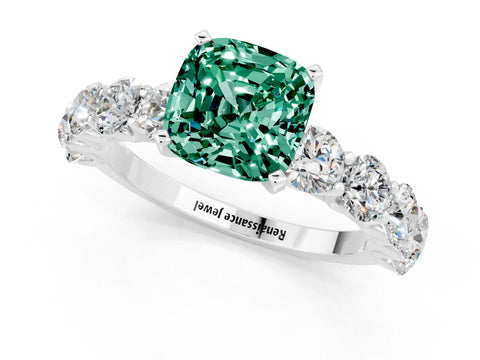 White gold Cushion Cut Green Sapphire Prong Setting with Side Stones on a Pave Band_1
