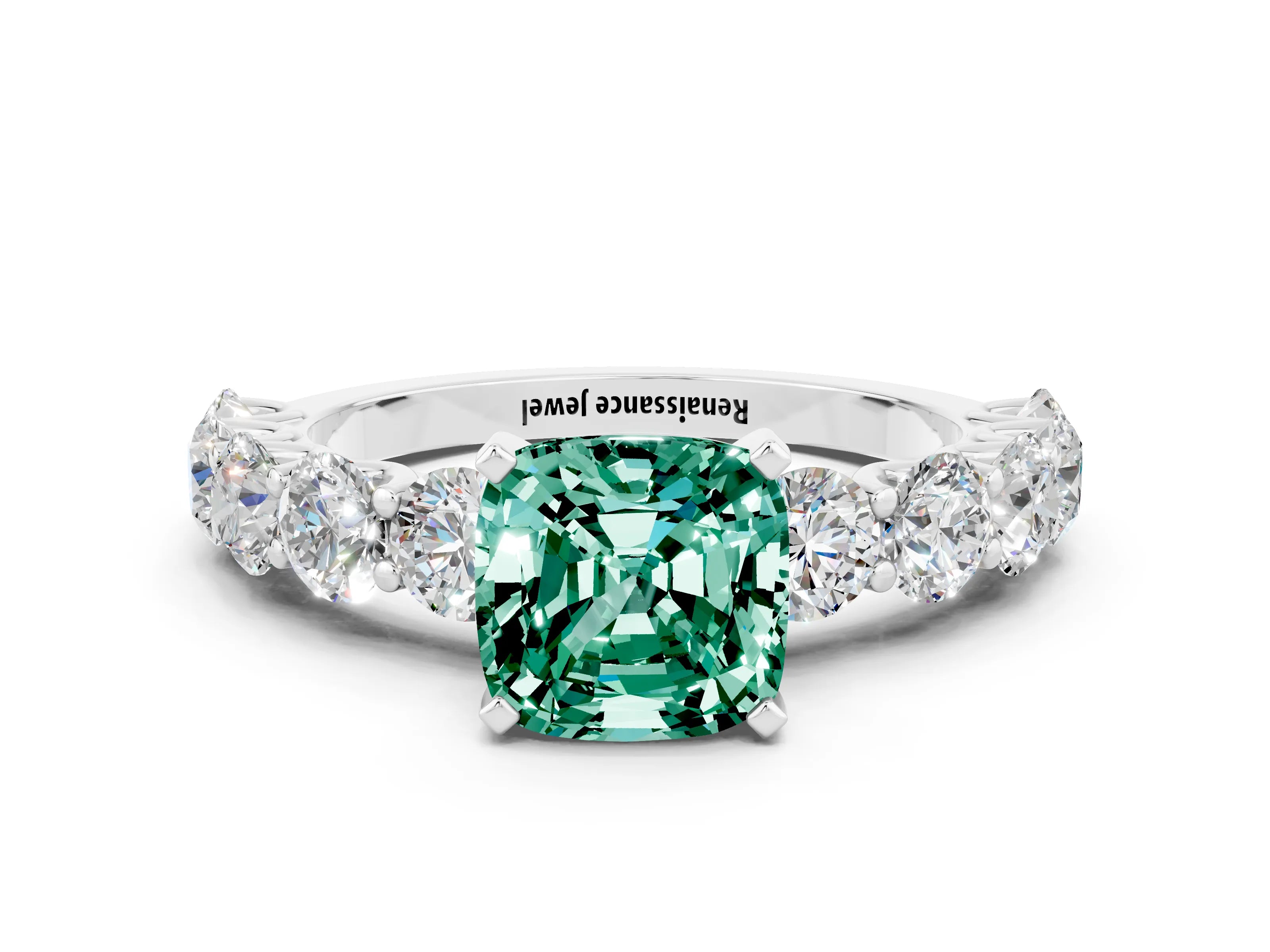 White gold Cushion Cut Green Sapphire Prong Setting with Side Stones on a Pave Band