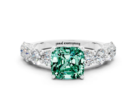 White gold Cushion Cut Green Sapphire Prong Setting with Side Stones on a Pave Band