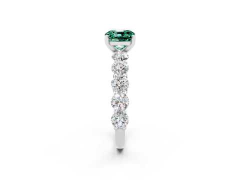 White gold Cushion Cut Green Sapphire Prong Setting with Side Stones on a Pave Band_2
