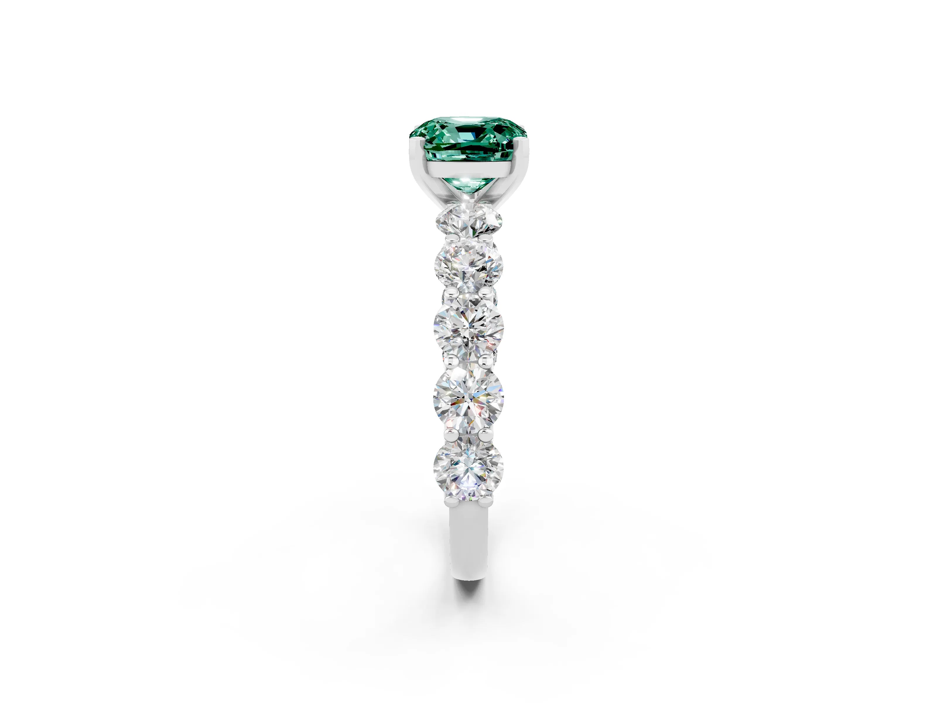 White gold Cushion Cut Green Sapphire Prong Setting with Side Stones on a Pave Band_2