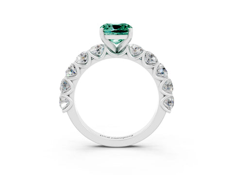 White gold Cushion Cut Green Sapphire Prong Setting with Side Stones on a Pave Band_3