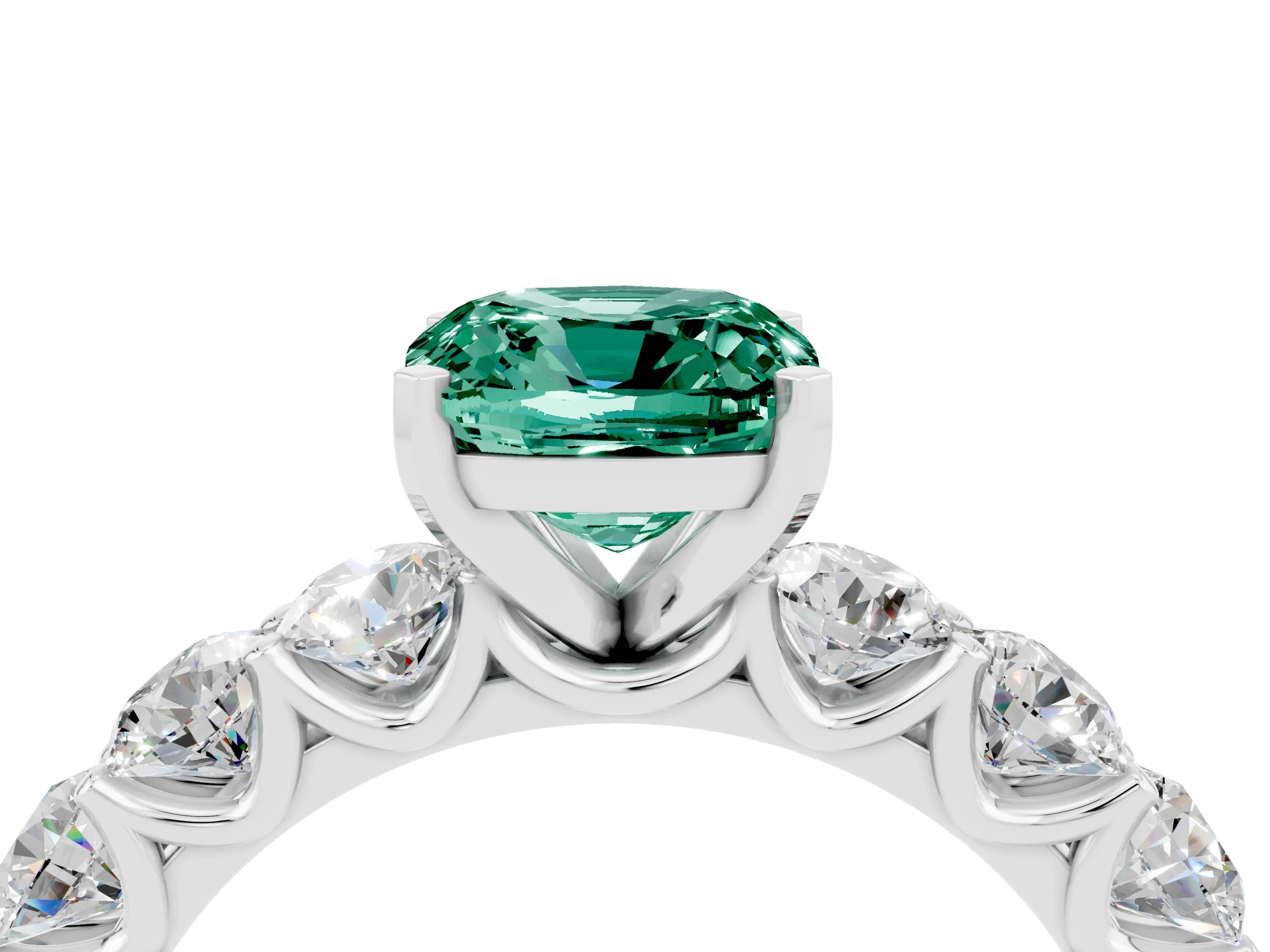 White gold Cushion Cut Green Sapphire Prong Setting with Side Stones on a Pave Band_4