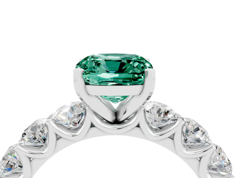 White gold Cushion Cut Green Sapphire Prong Setting with Side Stones on a Pave Band_4