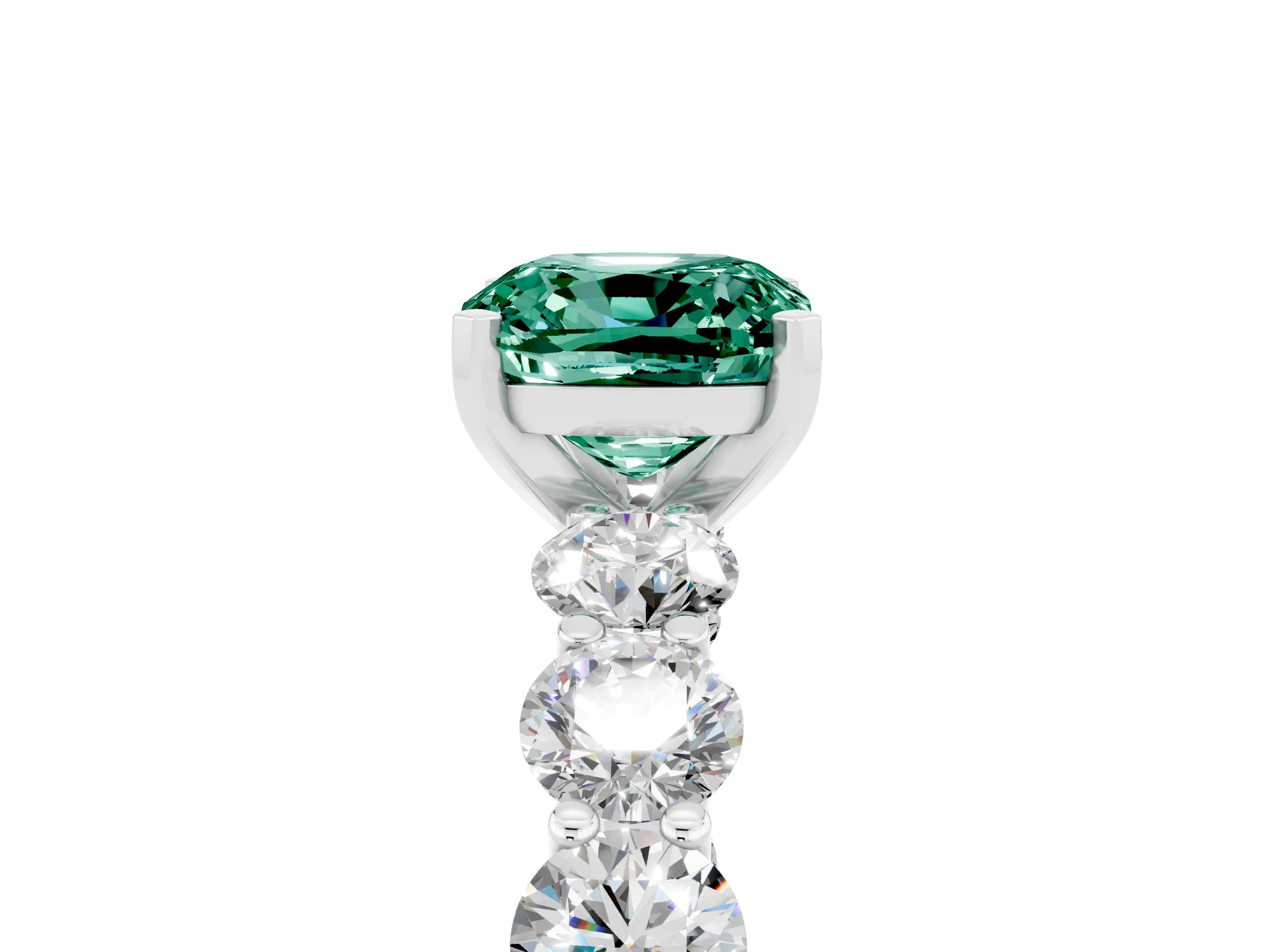 White gold Cushion Cut Green Sapphire Prong Setting with Side Stones on a Pave Band_5