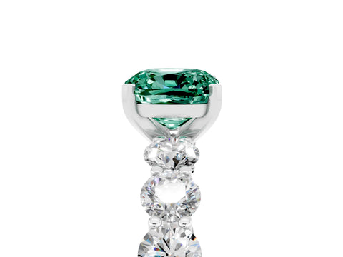 White gold Cushion Cut Green Sapphire Prong Setting with Side Stones on a Pave Band_5